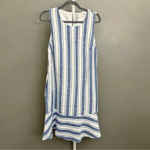 TRISTAN 100% Linen Blue & White Strips Sleeveless Summer Casual Midi Dress.Large
